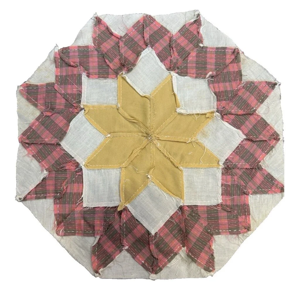 Vintage Hand Pieced Quilt Block Orphan Square 8-Point Star gold/pink/olive 14